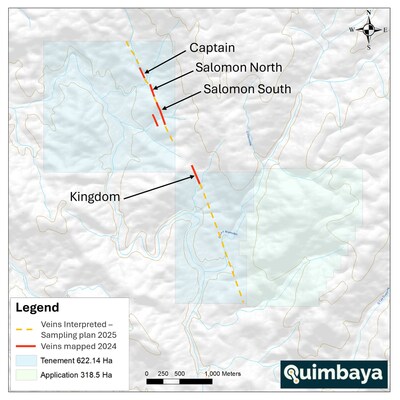 Figure 2. General map included the mapped gold/silver veins corridor (red) and the interpreted veins corridor (orange) for the exploration plan of 2025. (CNW Group/Quimbaya Gold Inc.)