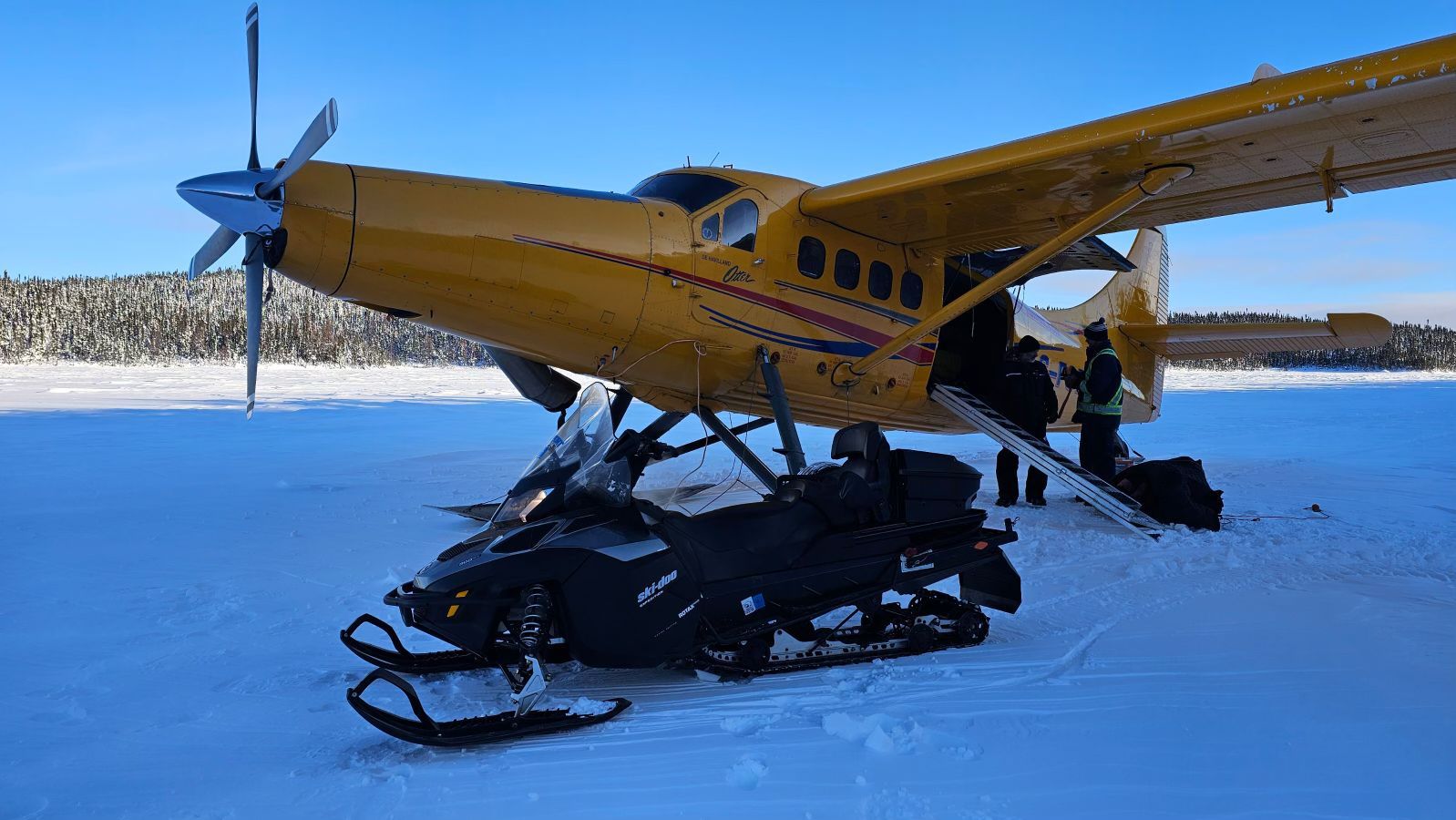 Simeon Alexander and Air Tunilik make first landing on the lake at Double Mer Camp in Labrador