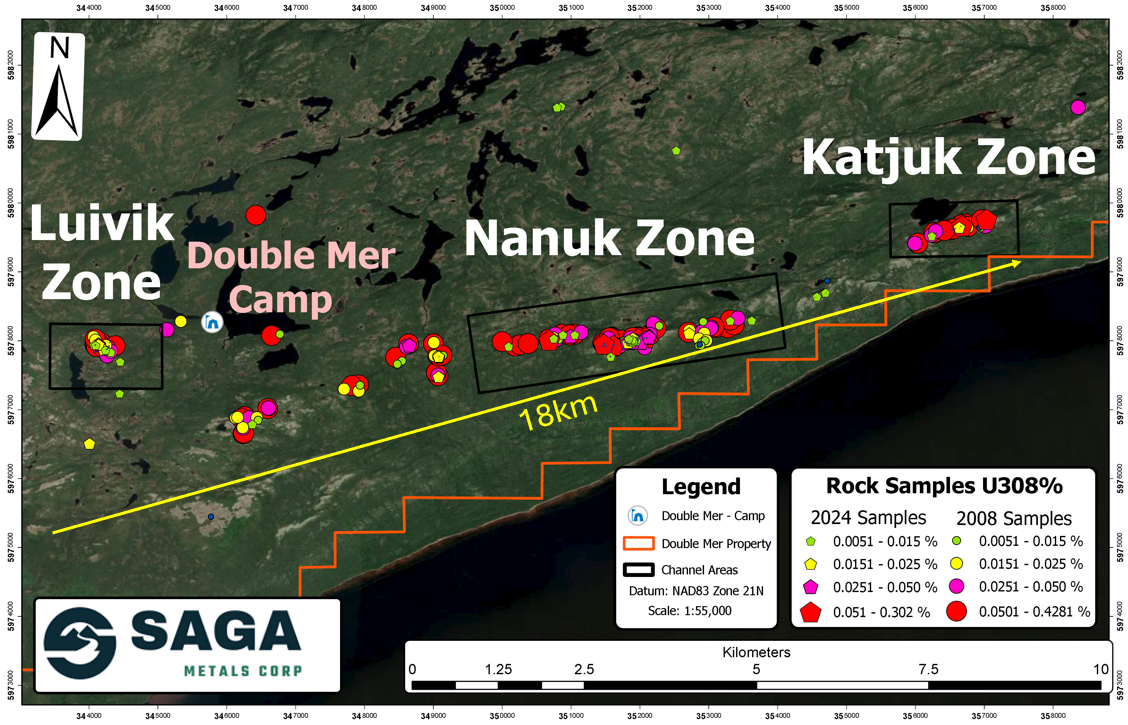 Map of the Double Mer Uranium Project highlight the 18km trend verified through surface sample and uranium count radiometrics