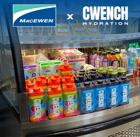 CWENCH Hydration ready-to-drink flavours seen in a fridge at a MacEwen-owned gas station. The availability of CWENCH Hydration at MacEwen is an example of one of the many benefits of Cizzle Brands