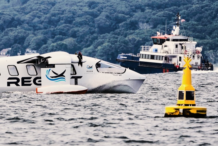 The REGENT Viceroy Seaglider, a winged passenger ferry, glides over the surface of Narragansett Bay